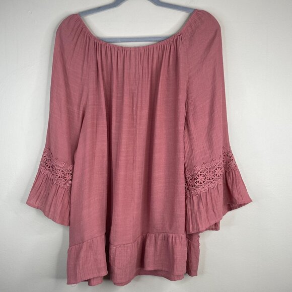 Womens Boho Top 22W 24W Pullover Peasant Flare 3/4 Sleeve Crochet Flowy Tunic - Picture 2 of 12